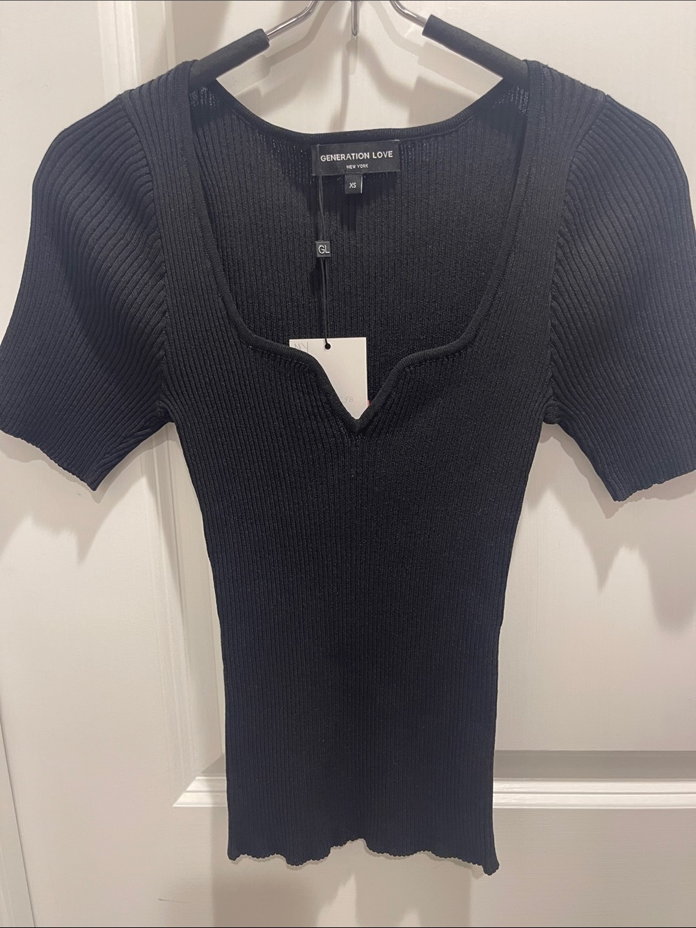 Generation Love Black Ribbed Square-Notch Short Sleeve Top